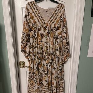 Anthropologie Floral Long Sleeve Dress - Cream and Brown